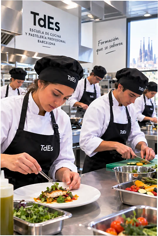 Alumnos de la escuela TdEs Barcelona durante sus clases de formación culinaria