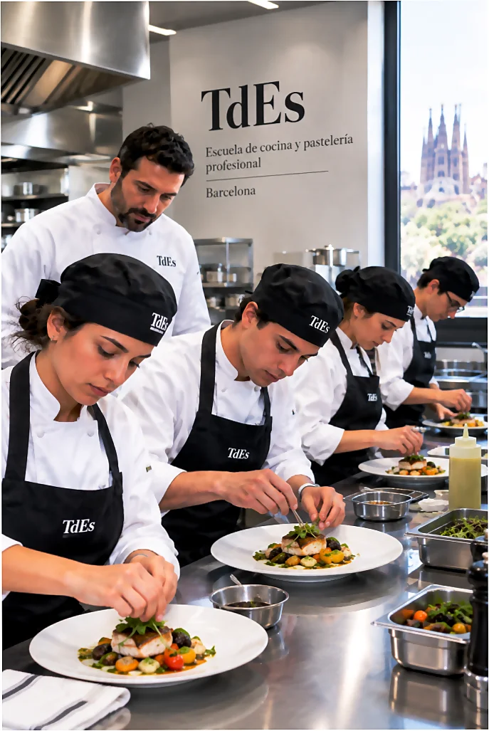 Estudiantes cursando un programa de cocina profesional en la escuela TdEs de Barcelona