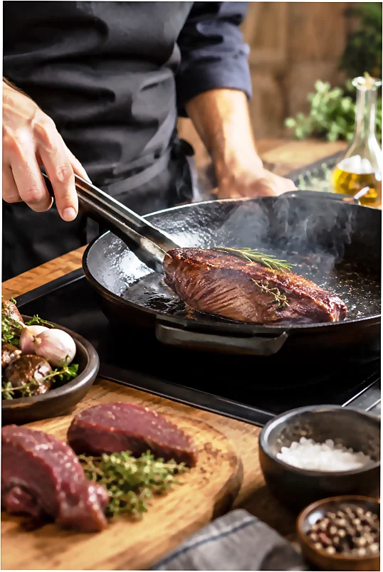 Alumno cocinando carne de jabali en los cursos profesionales de TdEs Barcelona