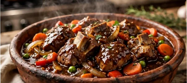 Guiso de conejo troceado en salsa, cocinado a fuego lento con verduritas