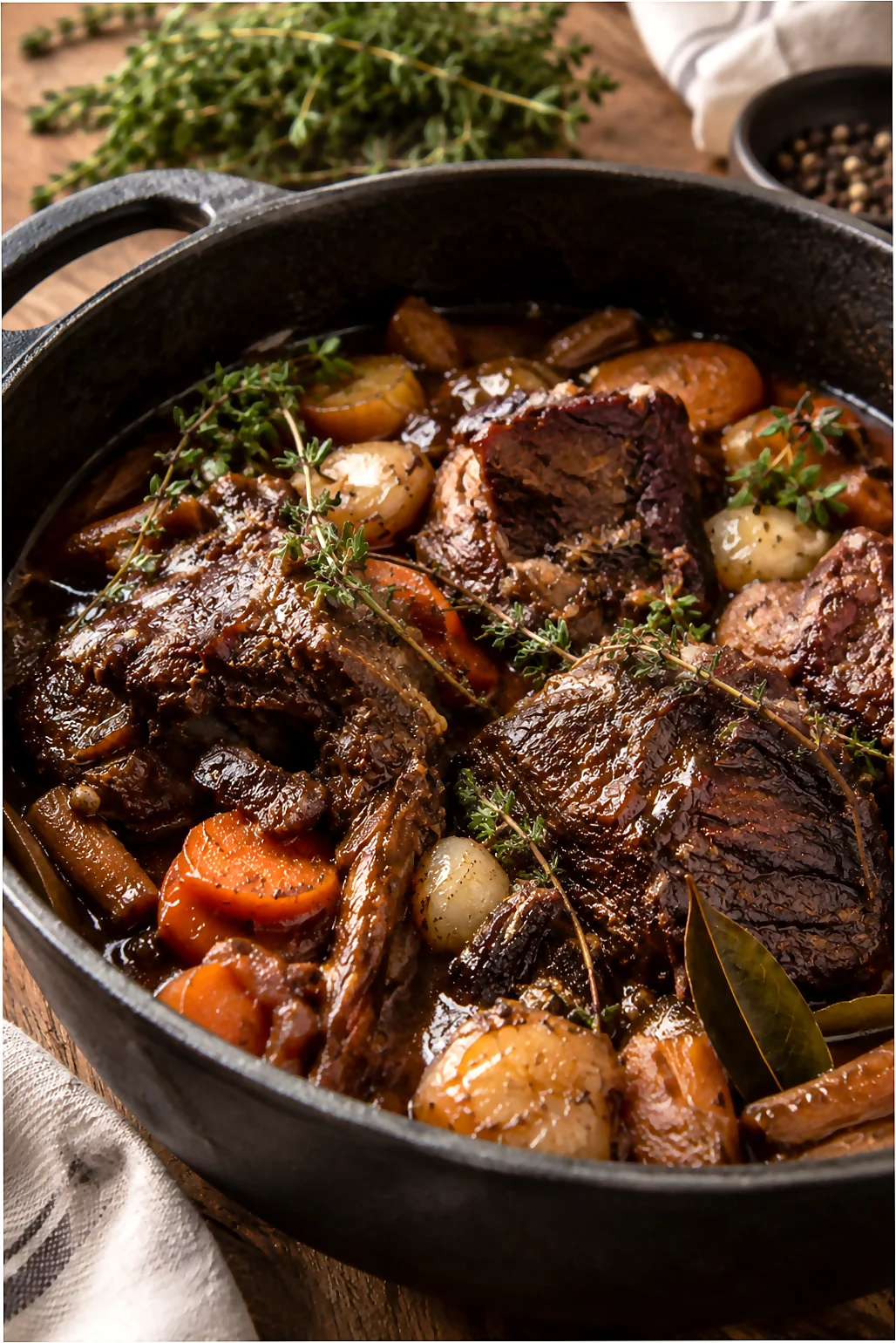 Pieza de carne de caza braseada, dorada y jugosa, servida con su po-ropio jugo de cocción