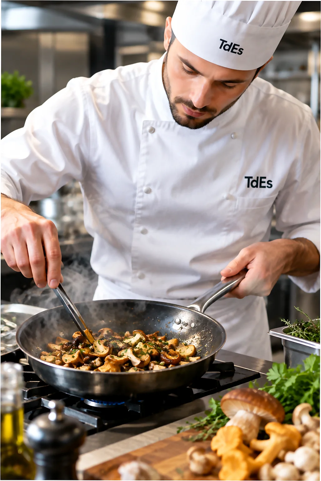 Chef de TdEs Barcelona cocinando setas silvestres