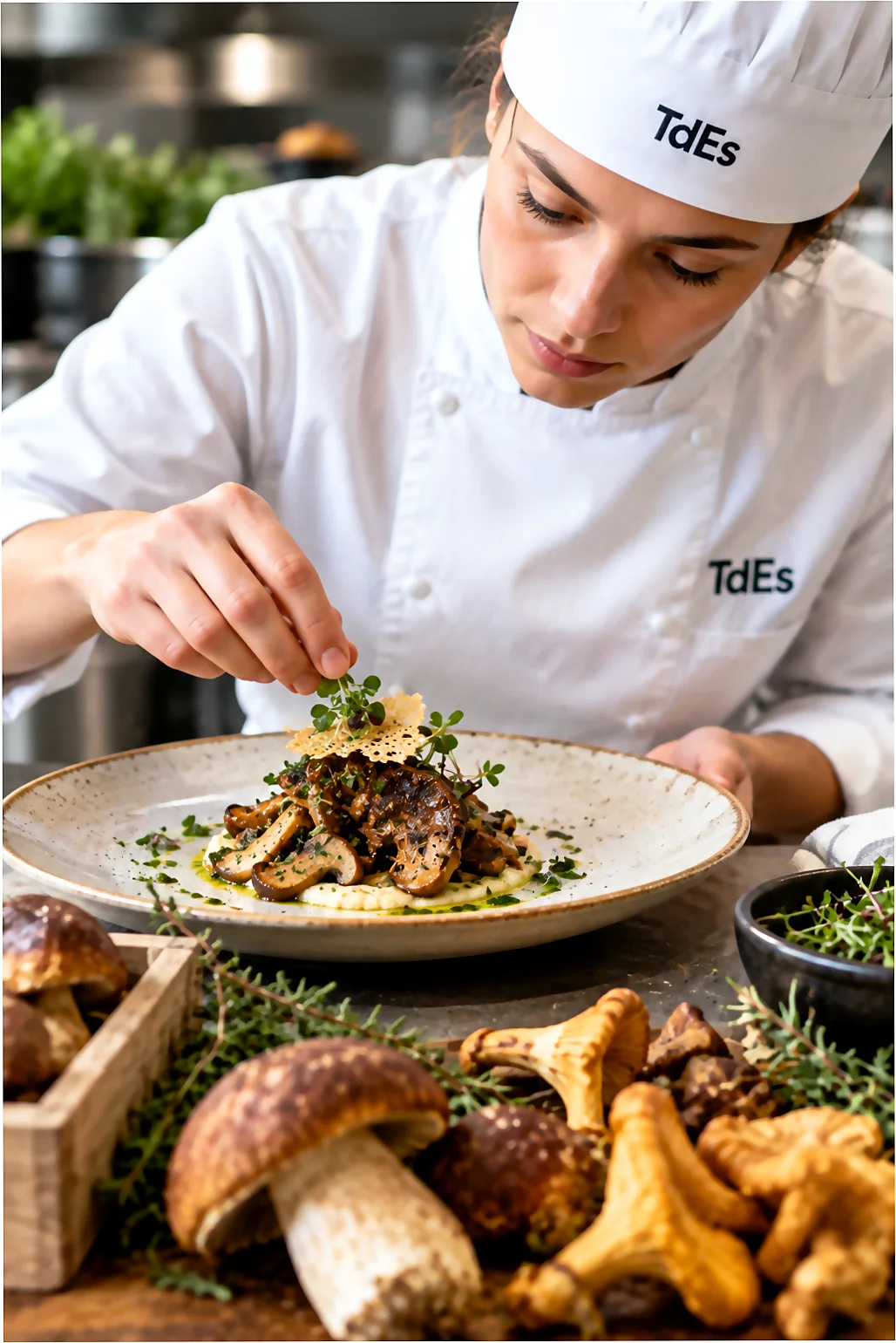 Estudiante de TdEs Barcelona acabando un plato para el Menú Degustación Exprés Otoño