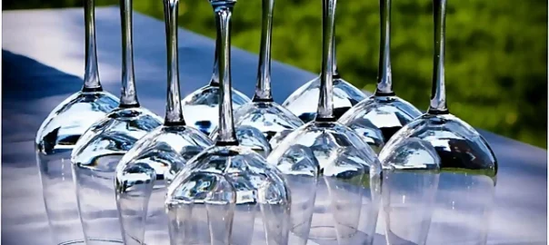 Copas de vino boca abajo de la bodega de la Escuela de cocina TdEs. Menú degustación en Barcelona