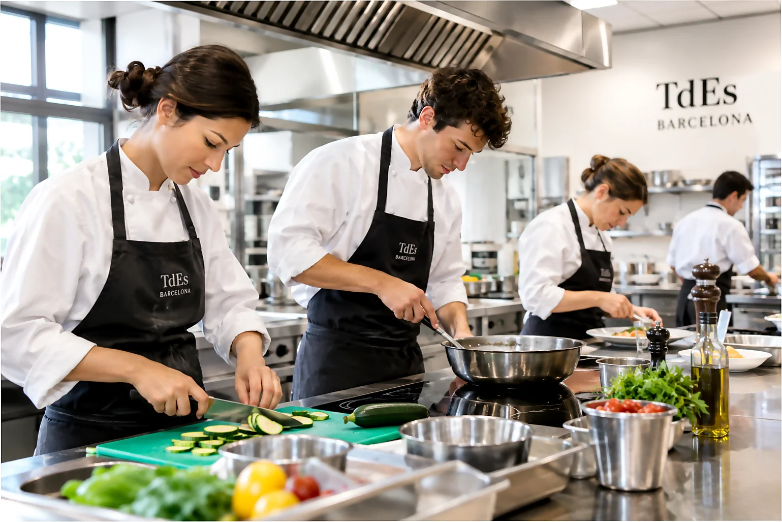 Alumnos aprendiendo técnicas culinarias en la cocina profesional de TdEs Barcelona