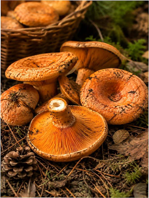 Níscalos o rovellones frescos sobre hierbas del bosque