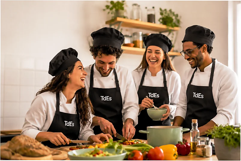 Grupo de cocineros principiantes cocinando en TdEs Barcelona