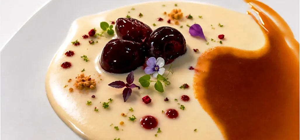 Crema de queso de cabra, cerezas y toffe salado
