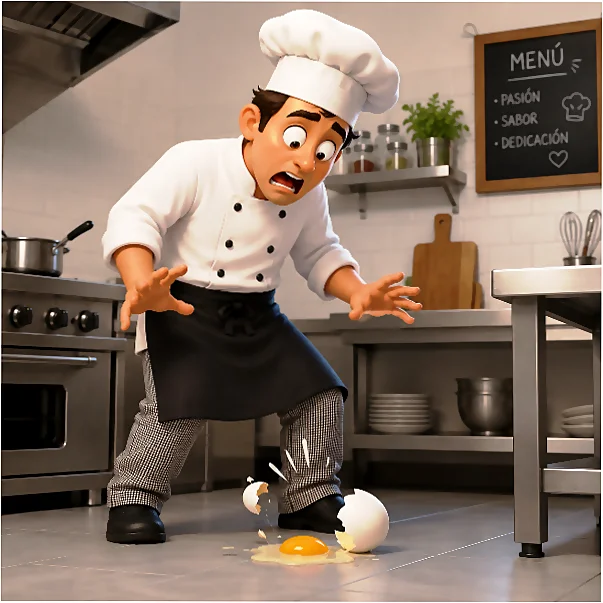 Imagen de un cocinero al que se le ha caído un huevo al suelo