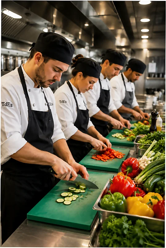 Alumnos del curso de cocina profesional en TdEs cortando verduras
