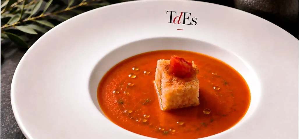 Sopa de tomate con gelatina de salmón. Cocina de verano TdEs Barcelona