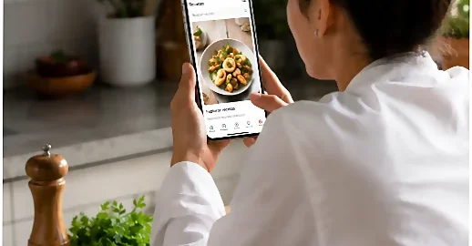 Cocinera mirando recetas de cocina en Instagram. Aprender a cocinar