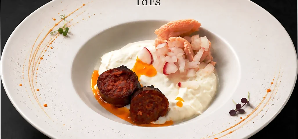 Crema de mozarella chorizo confitado y salmon encurtido