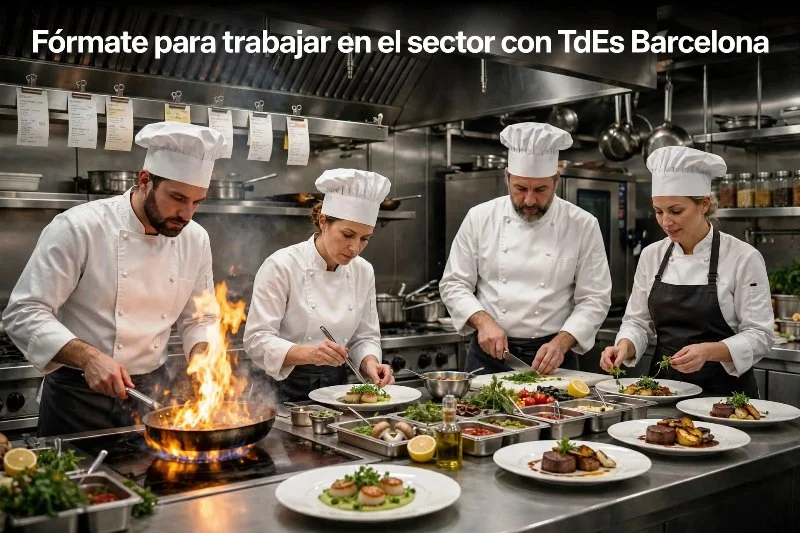 Estudiantes de cocina en TdEs Barcelona preparando el menú degustación