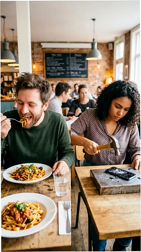 Comensales compartiendo una cocmida y disfrutando de la experiencia gastronómica sin móviles