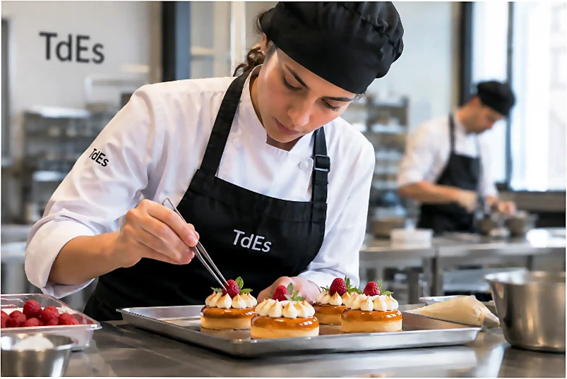 Alumno TdEs Barcelona practicando técnicas de pastelería en el obrador