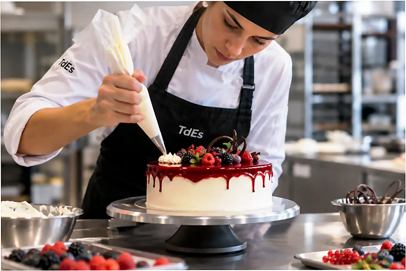 Decoración de una tarta con técnicas de pastelería profesional