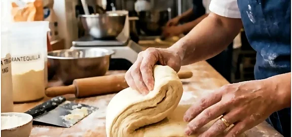 Manos trabajando una masa de pastelería profesional