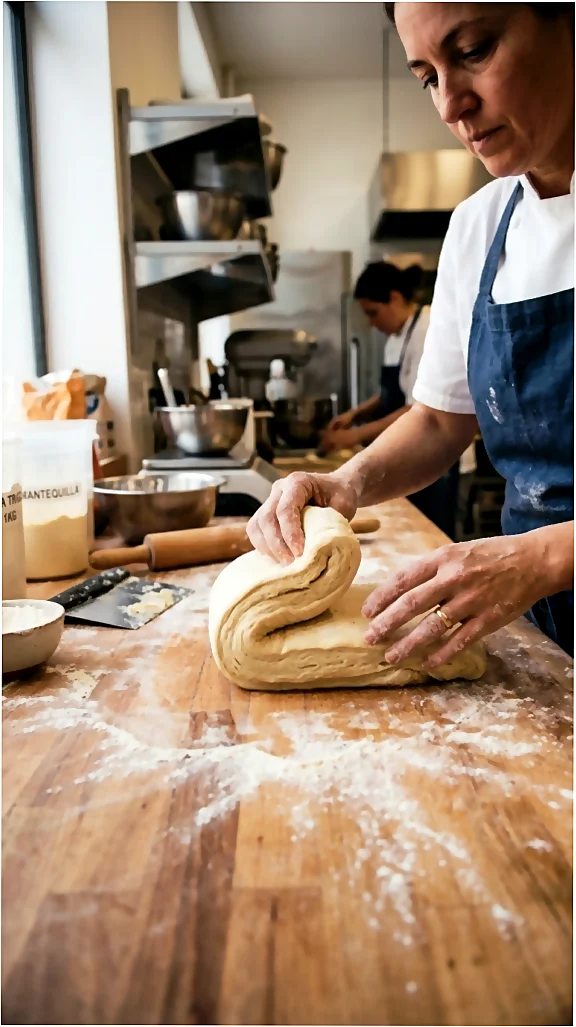 Manos trabajando una masa de pastelería profesional