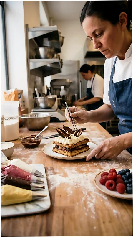 Pastelero elaborando un postre en un obrador profesional