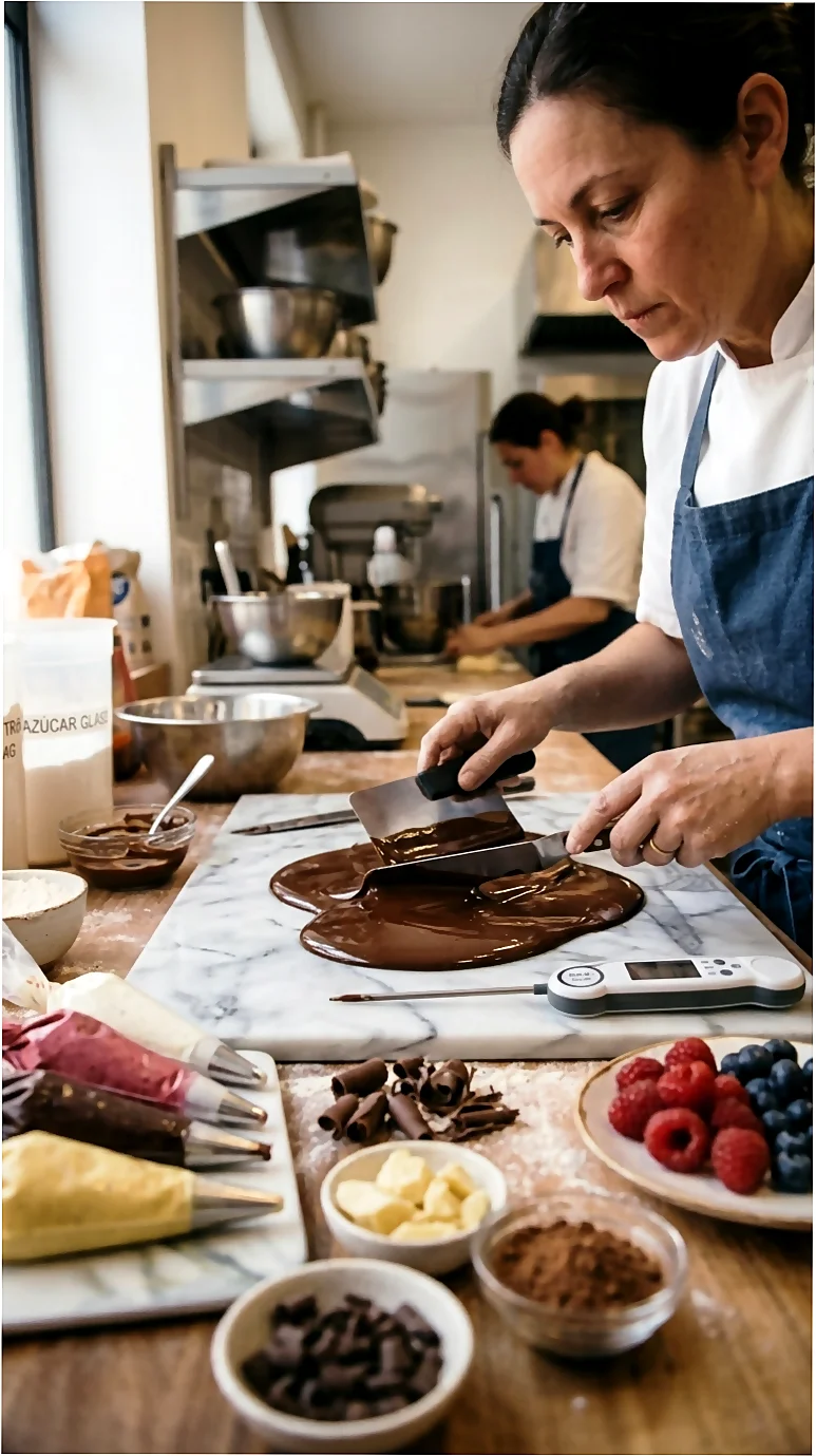 Temperado de chocolate para una elaboración de pastelería